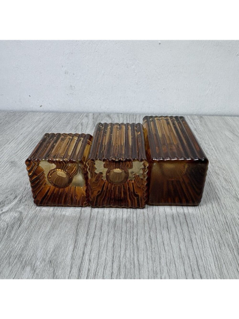 3 Amber Candlestick Holder Lot Candle Square MCM - Picture 6 of 7